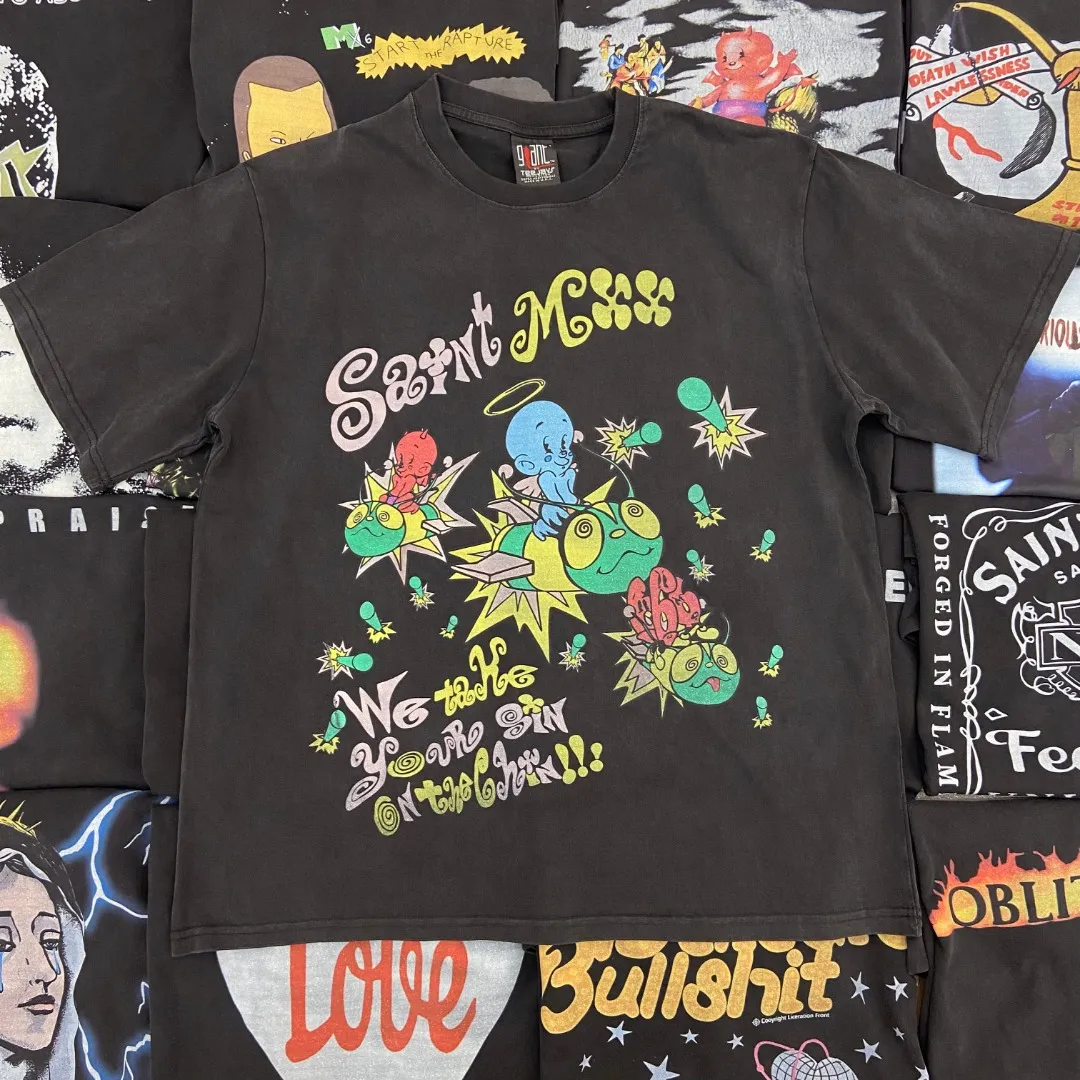 Saint Michael series of new American retro washed and distressed niche printed pure cotton loose short-sleeved T-shirts with digital white ink direct injection, breathable fabrics and three-dimensional and clear patterns. Fabric: Double yarn 240g Size: S-M-L-XL